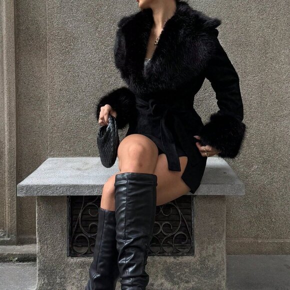 Jackets & Blazers - Black Party Women's Lapel Patchwork Faux Fur Cinched Waist Slim Fit Jacket